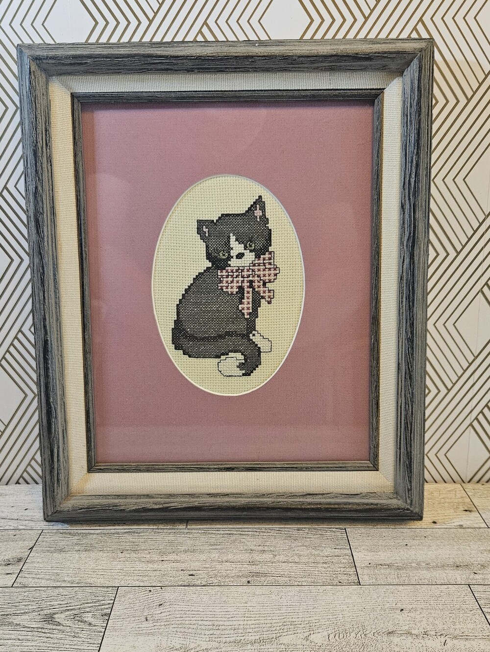 Vintage Framed & Matted Grey Kitty Cat Needlepoint 10"x12" Pet Grandmacore